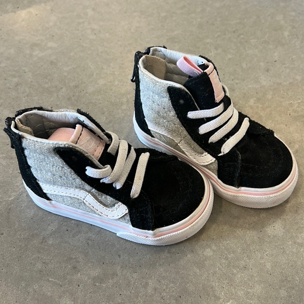 Toddler girl high top vans. Size 4 black and light pink.